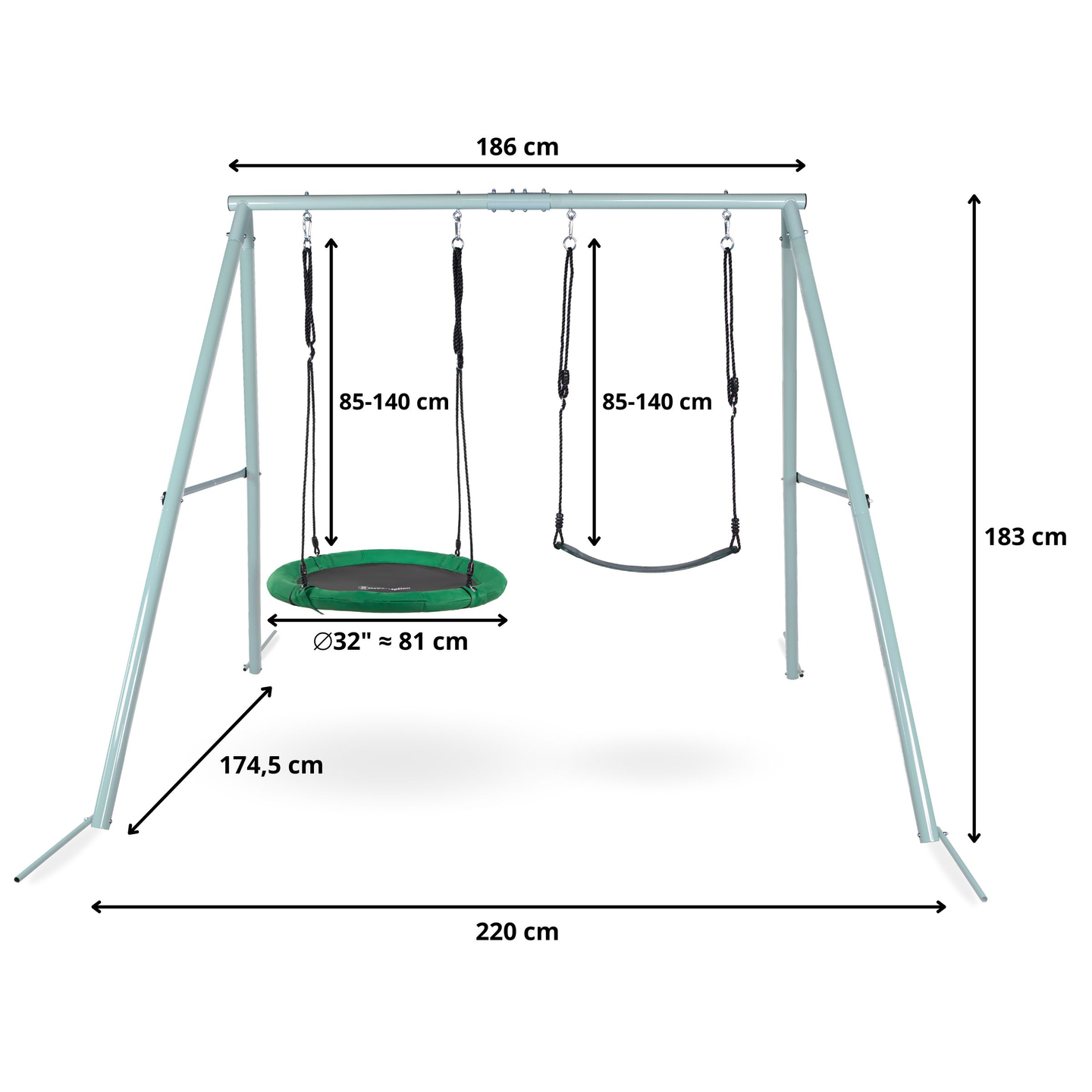 Kaksinkertainen puutarhakeinu rungolla ja köysillä - istuin ja haikarapesä