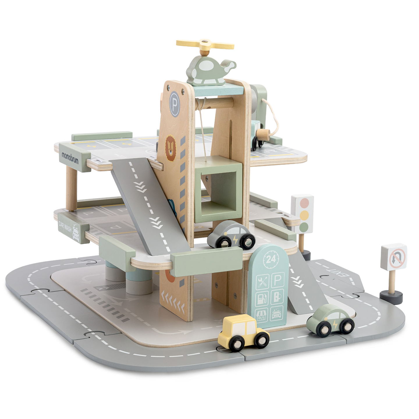 Puinen, kolmikerroksinen lasten autotalli varusteineen – pysäköintialue, huoltoasema, autopesula, helikopteri