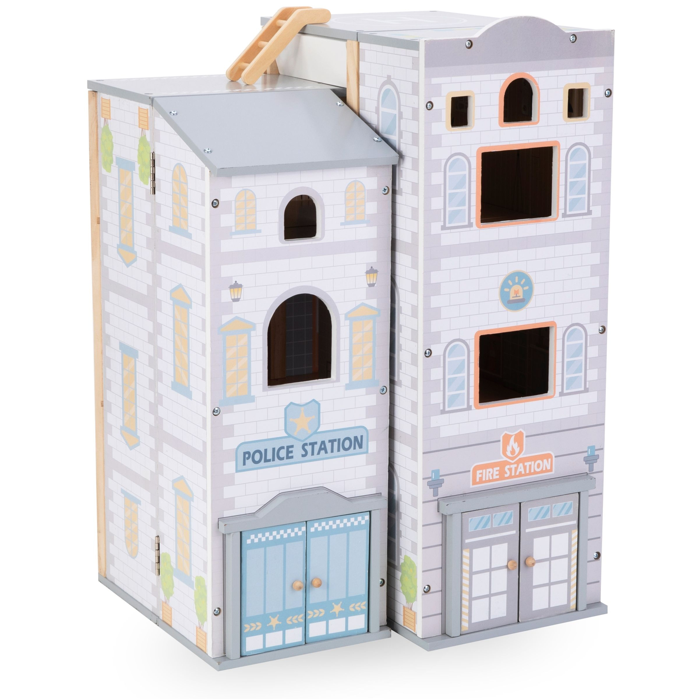 Suuri kokoontaitettava paloasema ja poliisiasema - puinen setti. Paloasema ja poliisiasema tarvikkeineen.