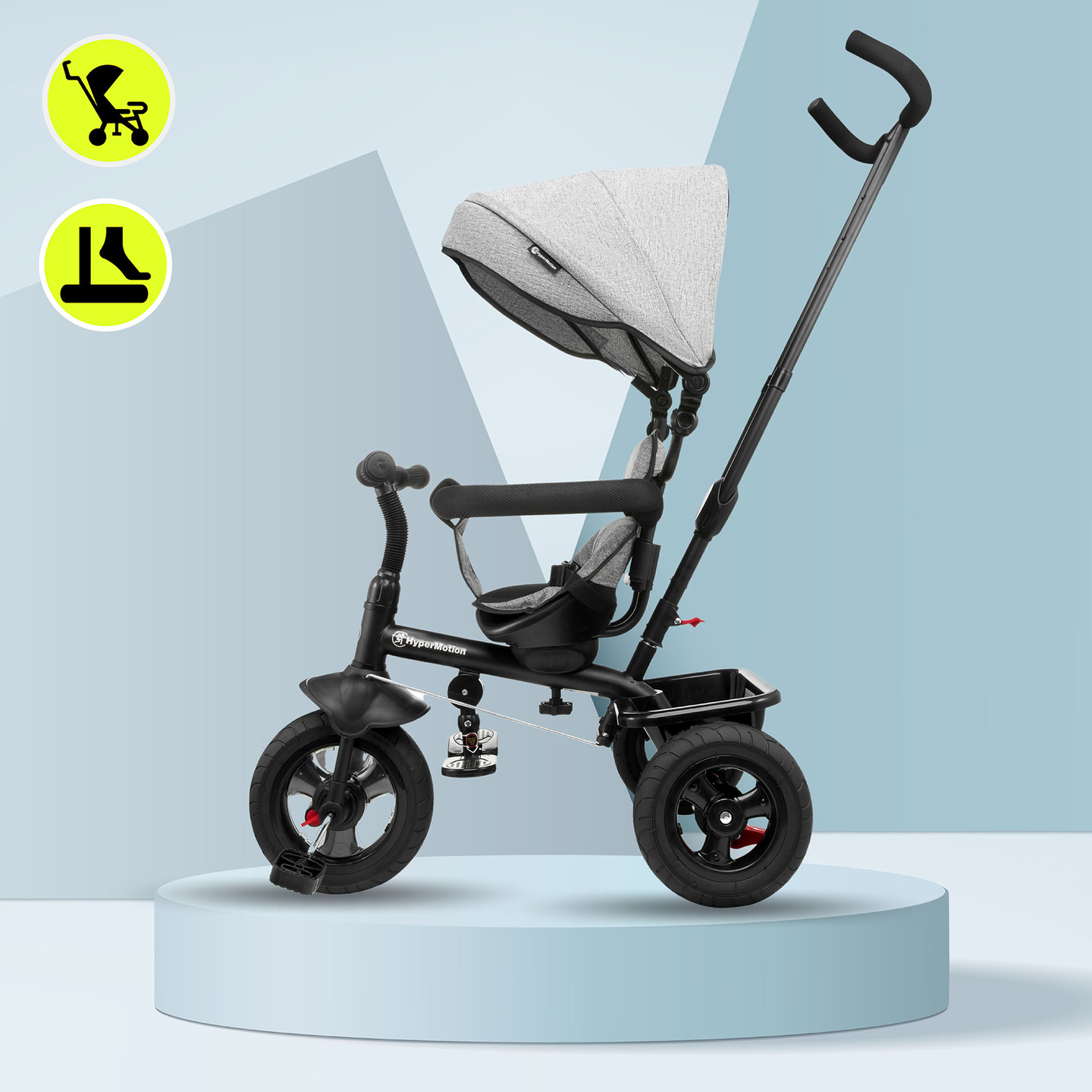 Kolmipyörä 1-4-vuotiaille lapsille - TOBI FREY - harmaa väri - kääntyvä - pumpatut pyörät + työntöaisa