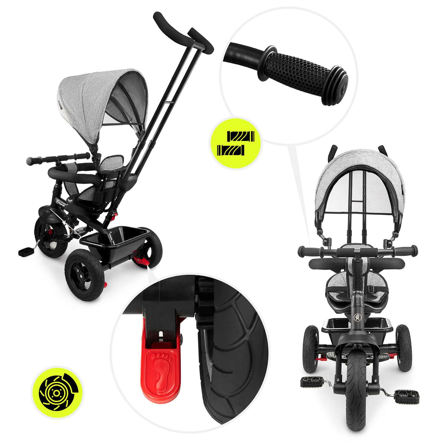Kolmipyörä 1-4-vuotiaille lapsille - TOBI FREY - harmaa väri - kääntyvä - pumpatut pyörät + työntöaisa