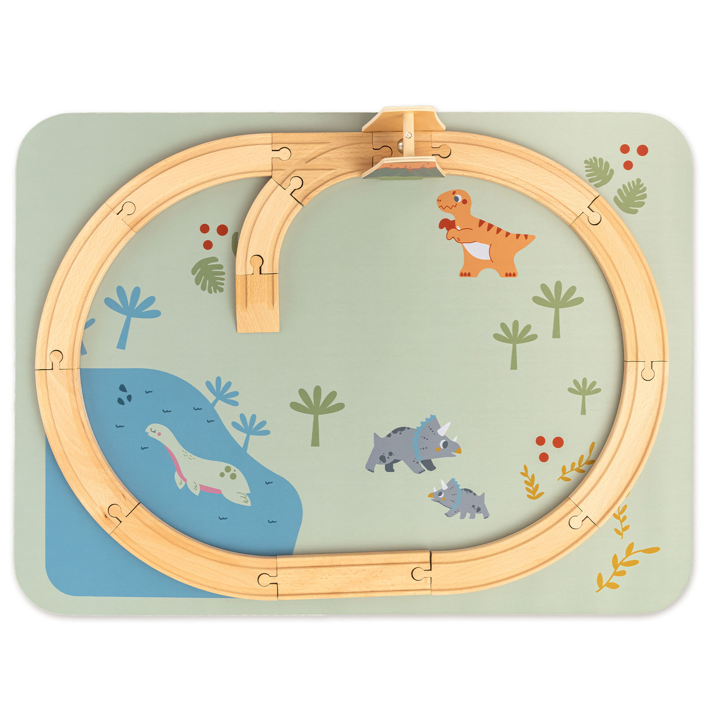 Dino Park puinen juna liukumattomalla matolla - dinosaurukset, juna, raiteet, tulivuori, kello