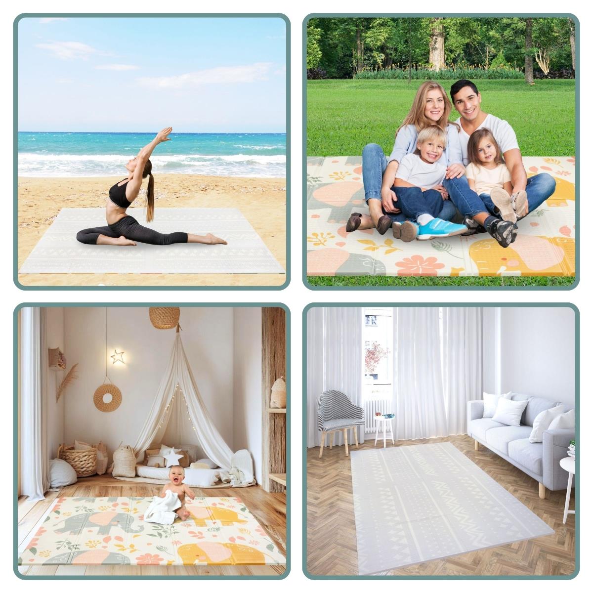 Kaksipuolinen kokoontaitettava vaahtomuovimatto 180 x 120 x 1cm - Eksoottiset elefantit / Hento harmaa