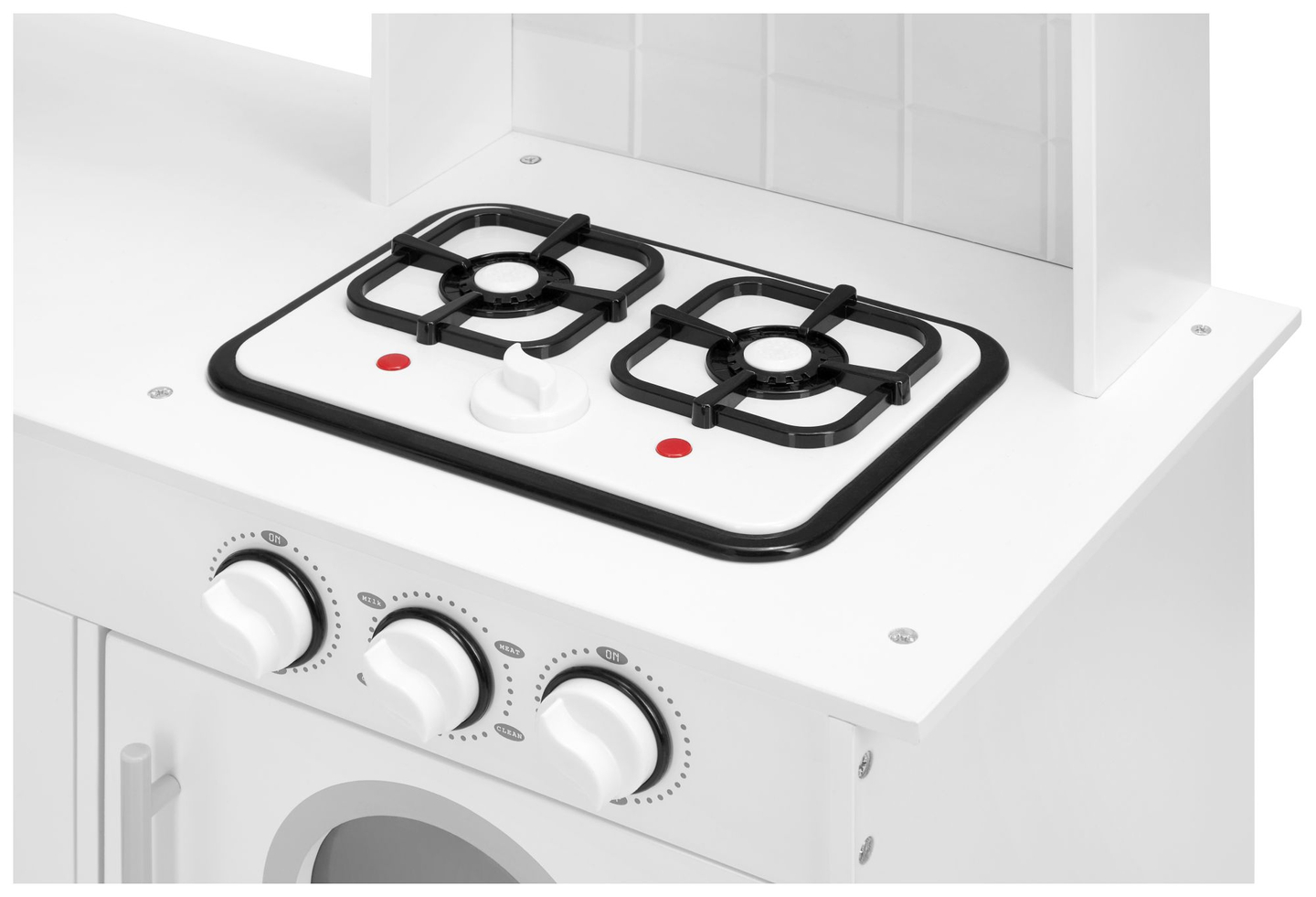 Kulma puinen XXXL-keittiö, jossa on jääkaappi, uuni, pesukone, esiliina ja tarvikkeet