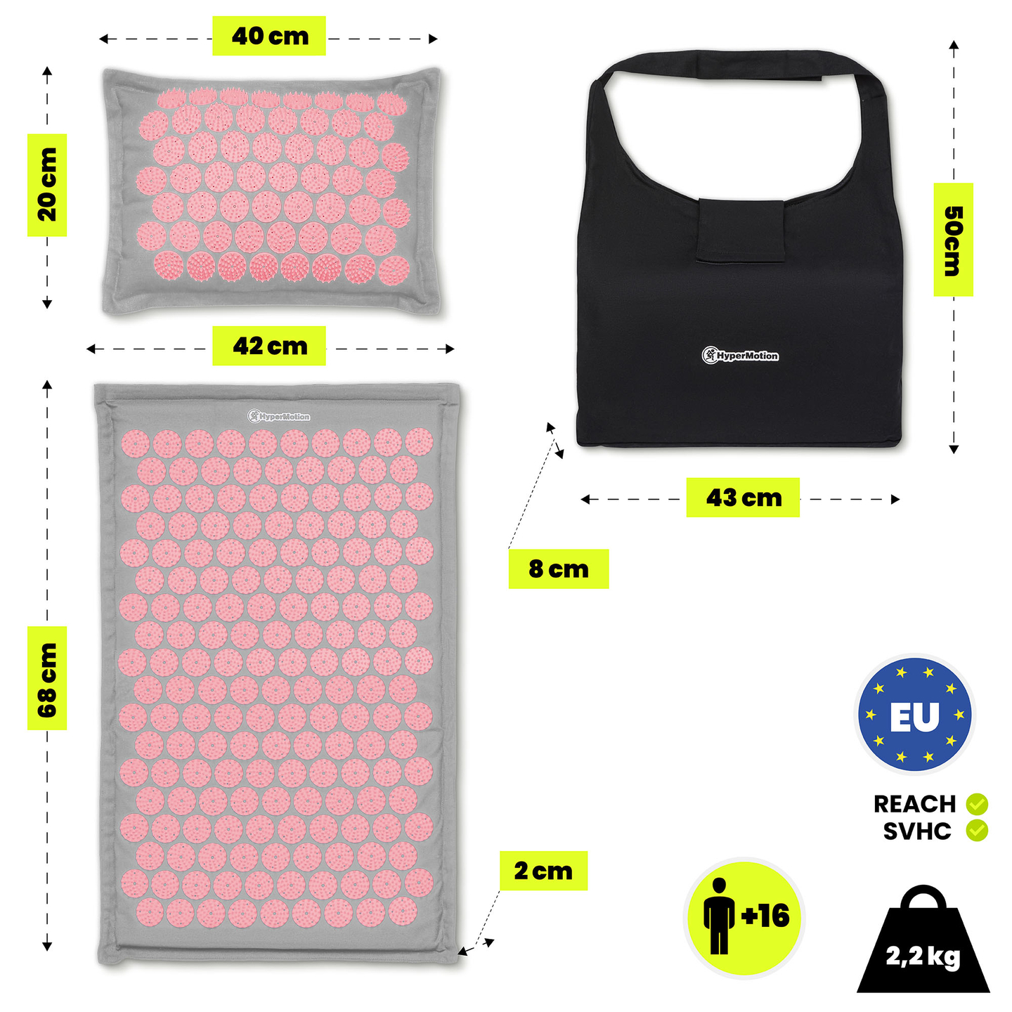 ECO-pellava-akupunktiomatto kookoskuidulla ja tattarityynyllä – 68 cm HyperMotion harmaa ja pinkki