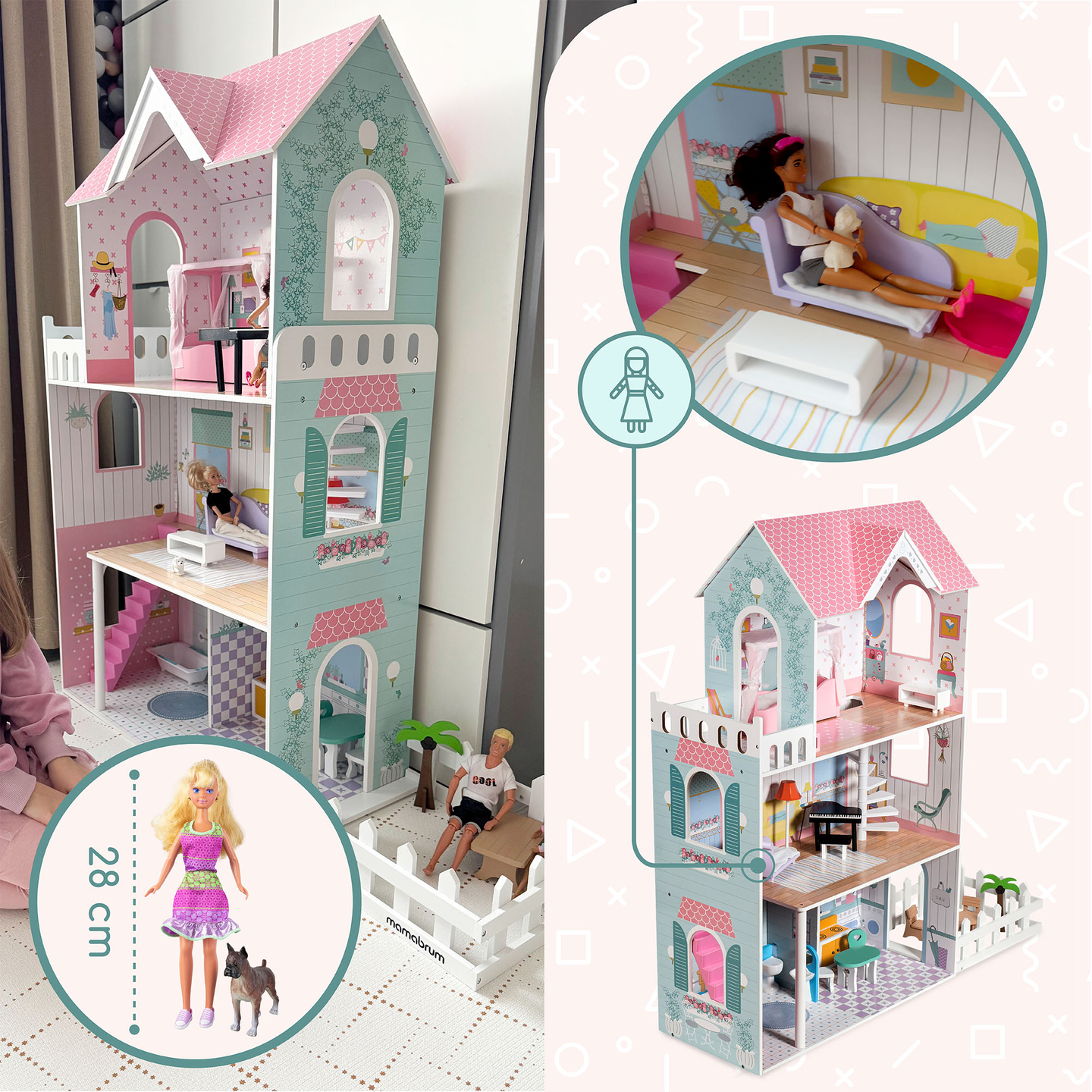 XXL Suurin puinen nukkekoti - 123 cm - LED-valaistu - terassi, tarvikkeet, puutarha