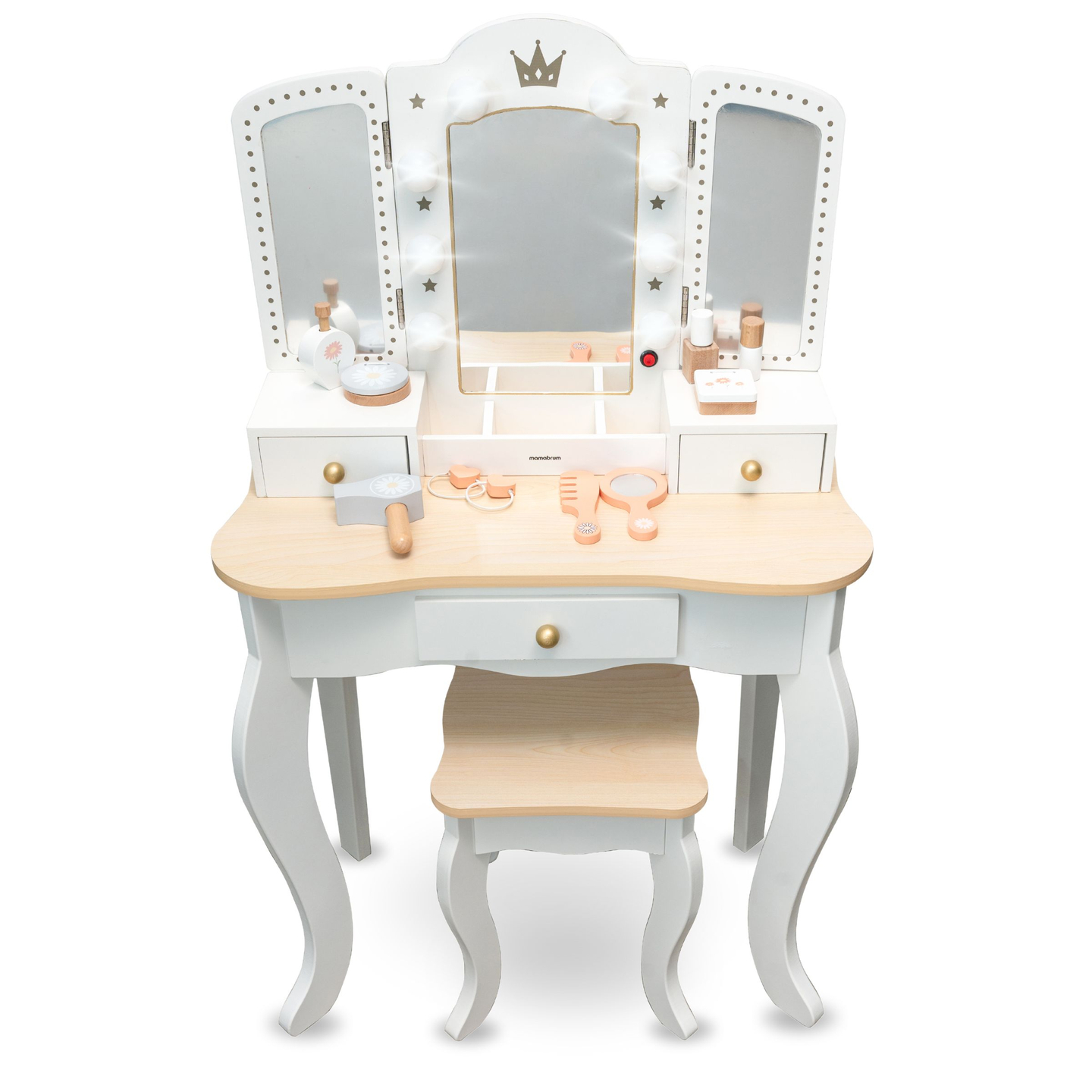 XXL puinen pukeutumispöytä jakkaralla ja LED-valaistuksella lapsille + tarvikkeet