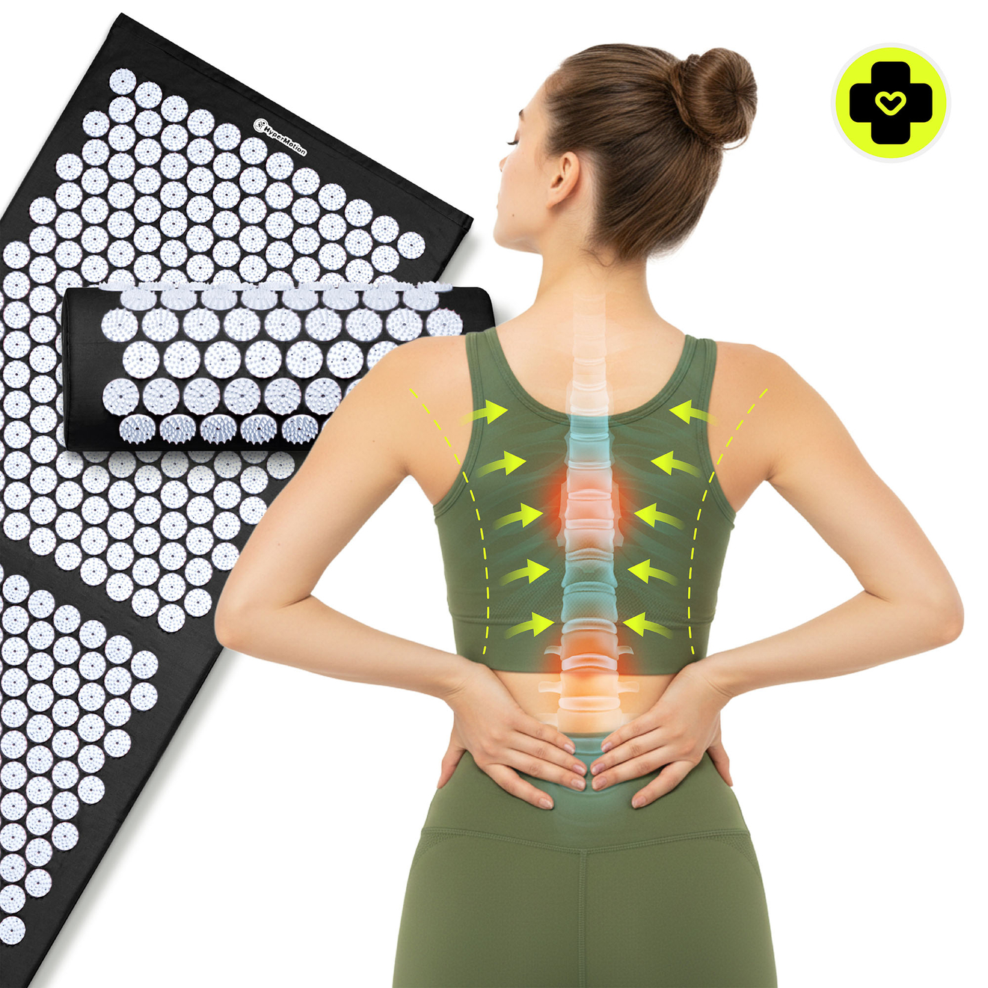 Suuri akupunktiomatto tyynyllä ja päällisellä - 130 cm HyperMotion mustavalkoinen