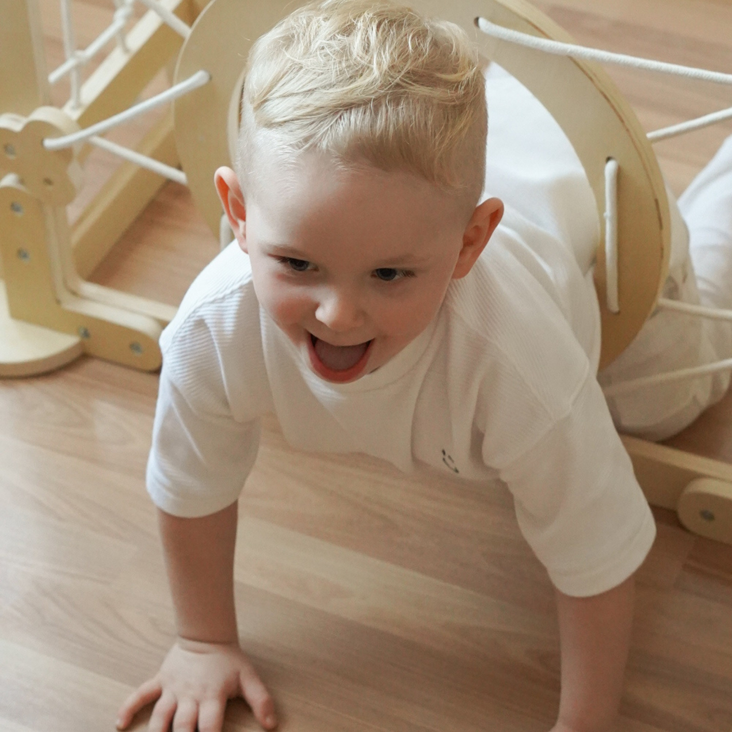 Puinen sisäleikkipuisto lapsille - talo, jossa on tikkaat ja liukumäki