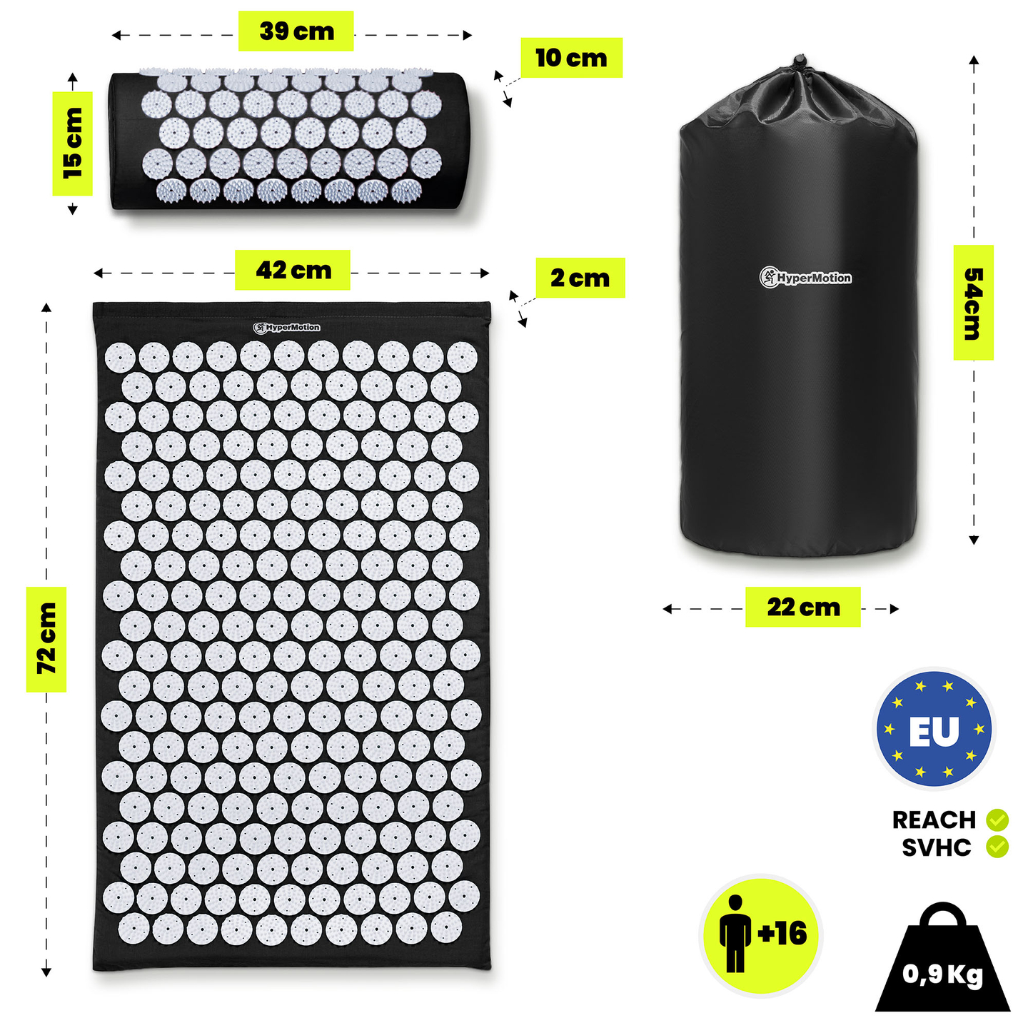 Akupunktiomatto tyynyllä ja päällisellä - 72 cm HyperMotion mustavalkoinen