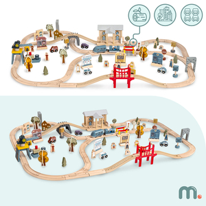 Puinen kaupungin rautatie sähköjunalla - liikkuva nosturi, laiva, sillat