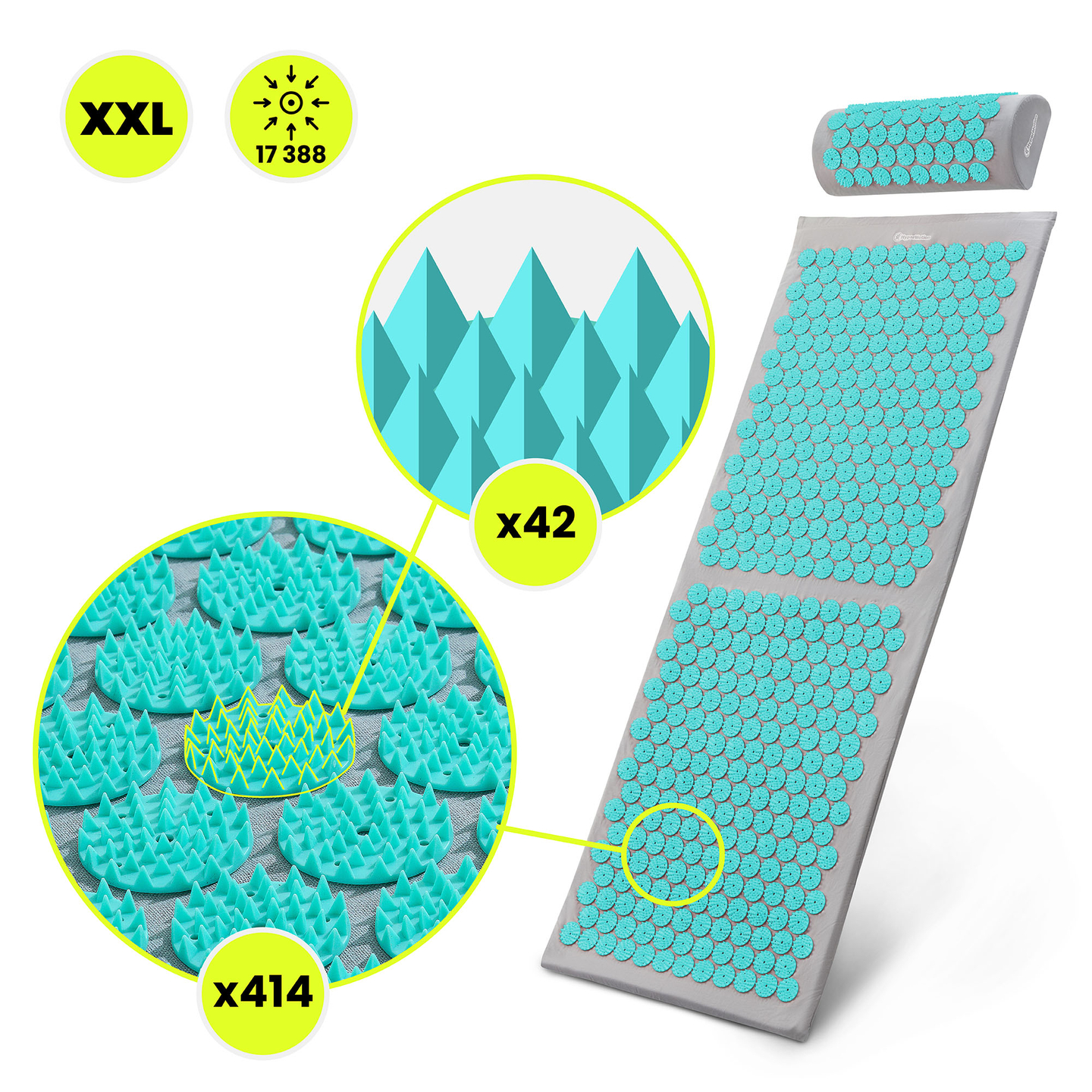 Suuri akupunktiomatto tyynyllä ja päällisellä - 130 cm HyperMotion harmaa-minttu