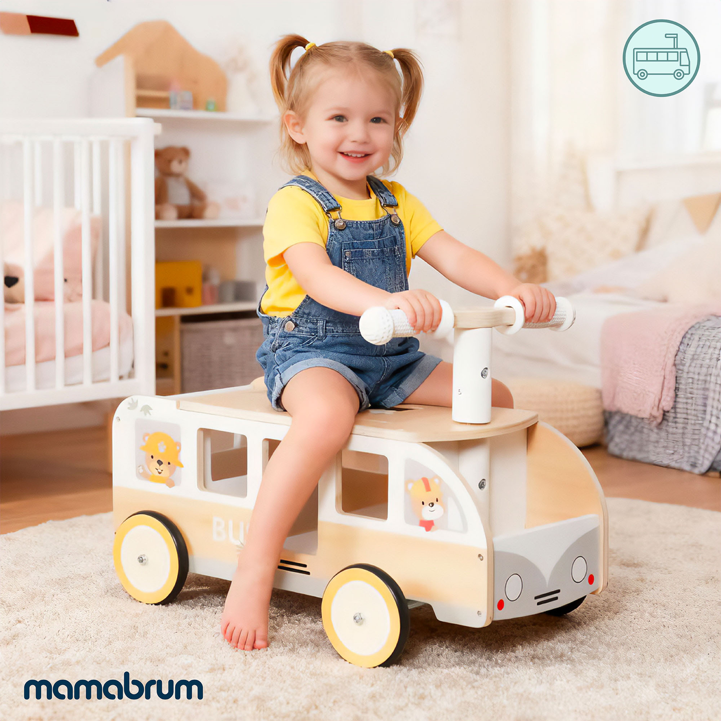 Puinen lasten bussi - Bussi, jossa on säilytyslokeroita ja tilaa pehmoleluille