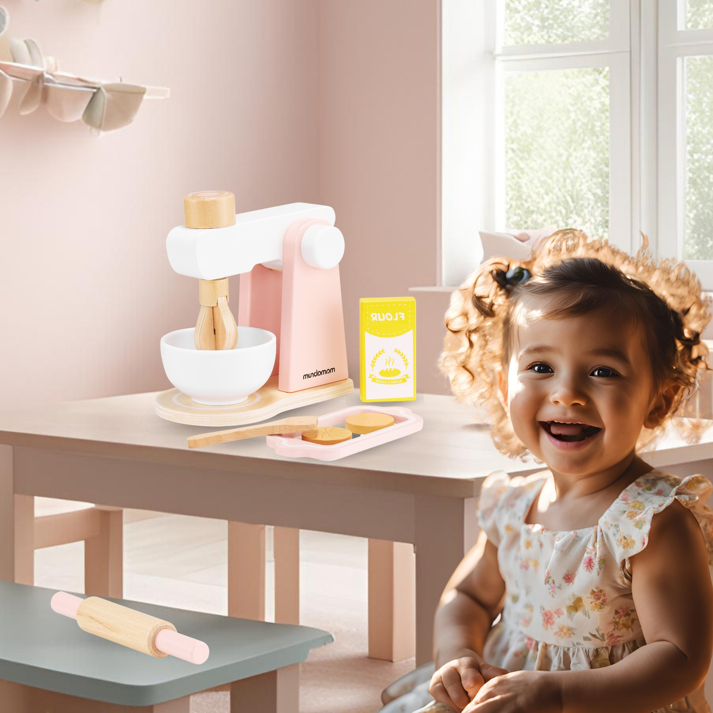 Puinen taikinasekoitin lisävarusteineen, lapsille