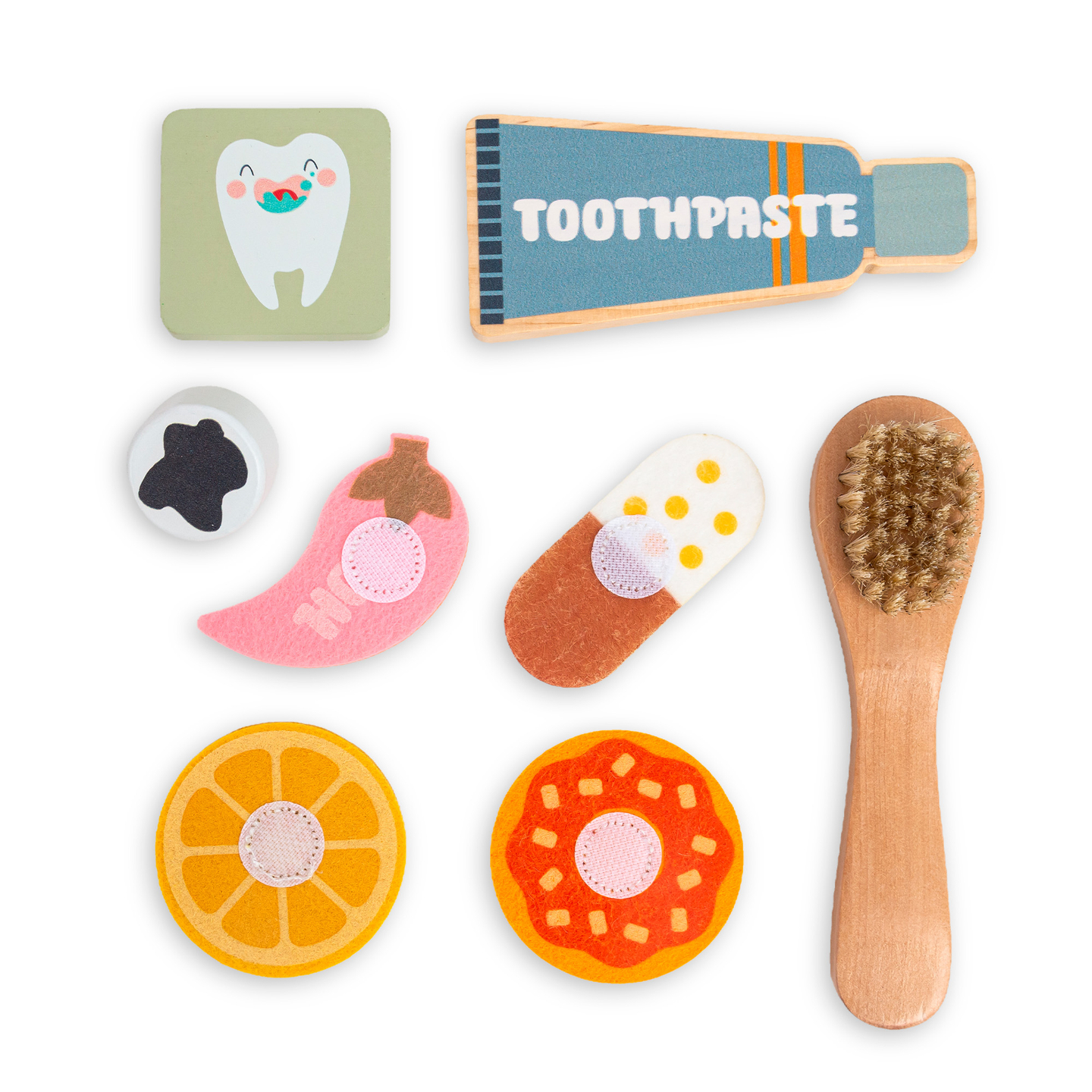 Puinen Montessori-opetuslauta Pieni hammaslääkäri - hammasharja, hammastahna, irrotettavat hampaat, peili, ruoka, makujen oppiminen