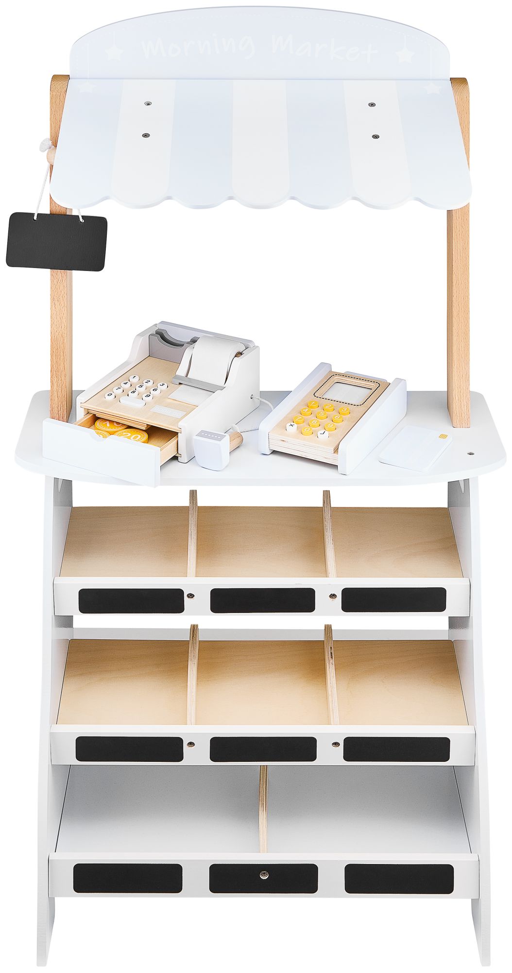 Vihanneskauppa - puinen koju, jossa on laatikoita, kassakone ja terminaali