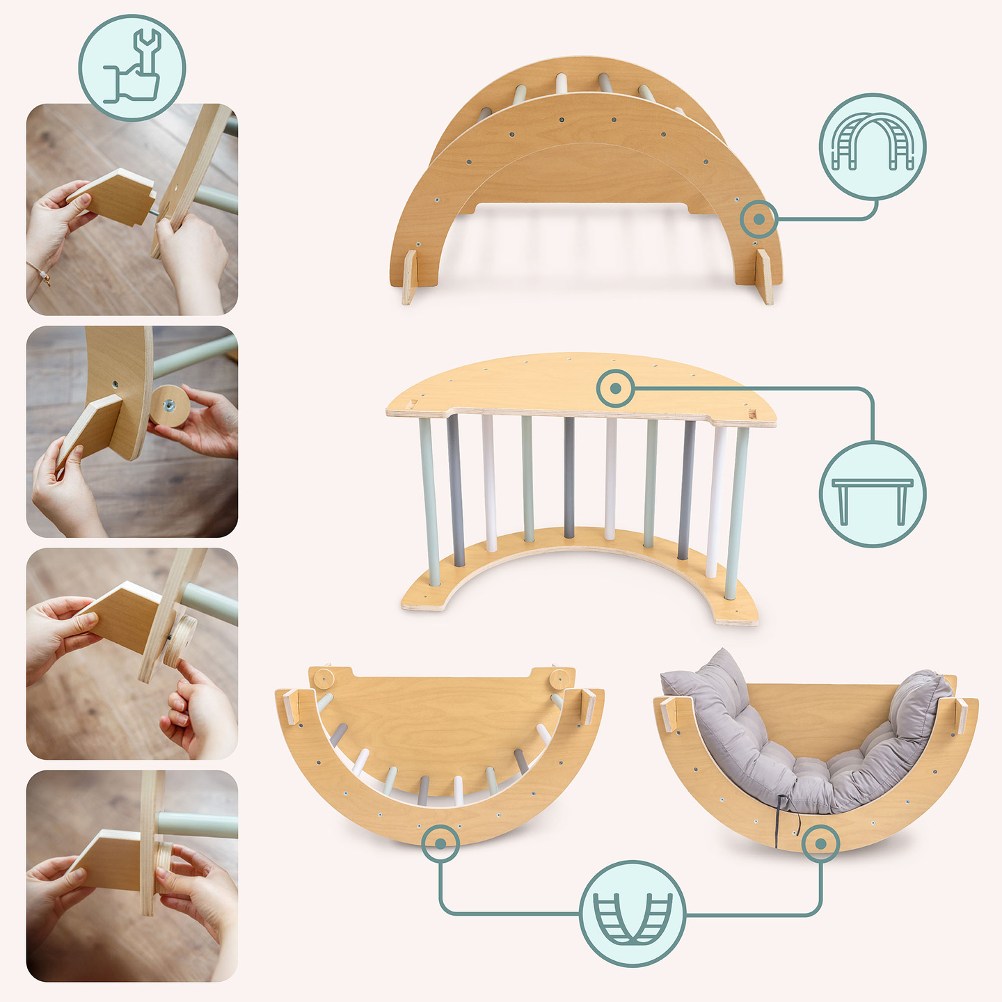 Puinen sisäleikkipuisto lapsille - kiipeilyseinä, liukumäki, kiipeilykaari/keinulauta ja Piklerin kolmio