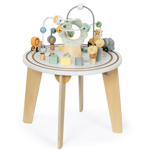 Puinen pyöreä opetuspöytä magneettijunalla ja helmenheittimellä