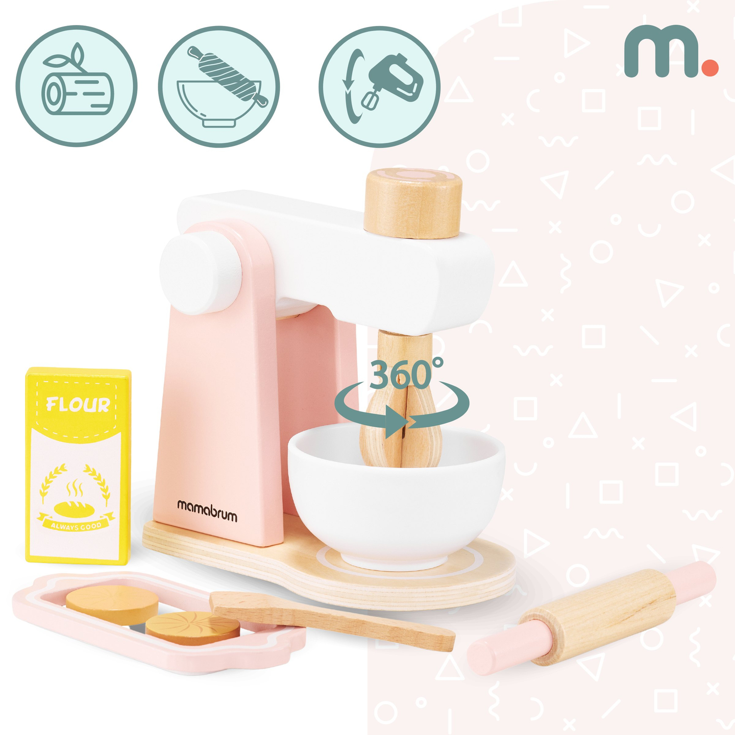 Puinen taikinasekoitin lisävarusteineen, lapsille