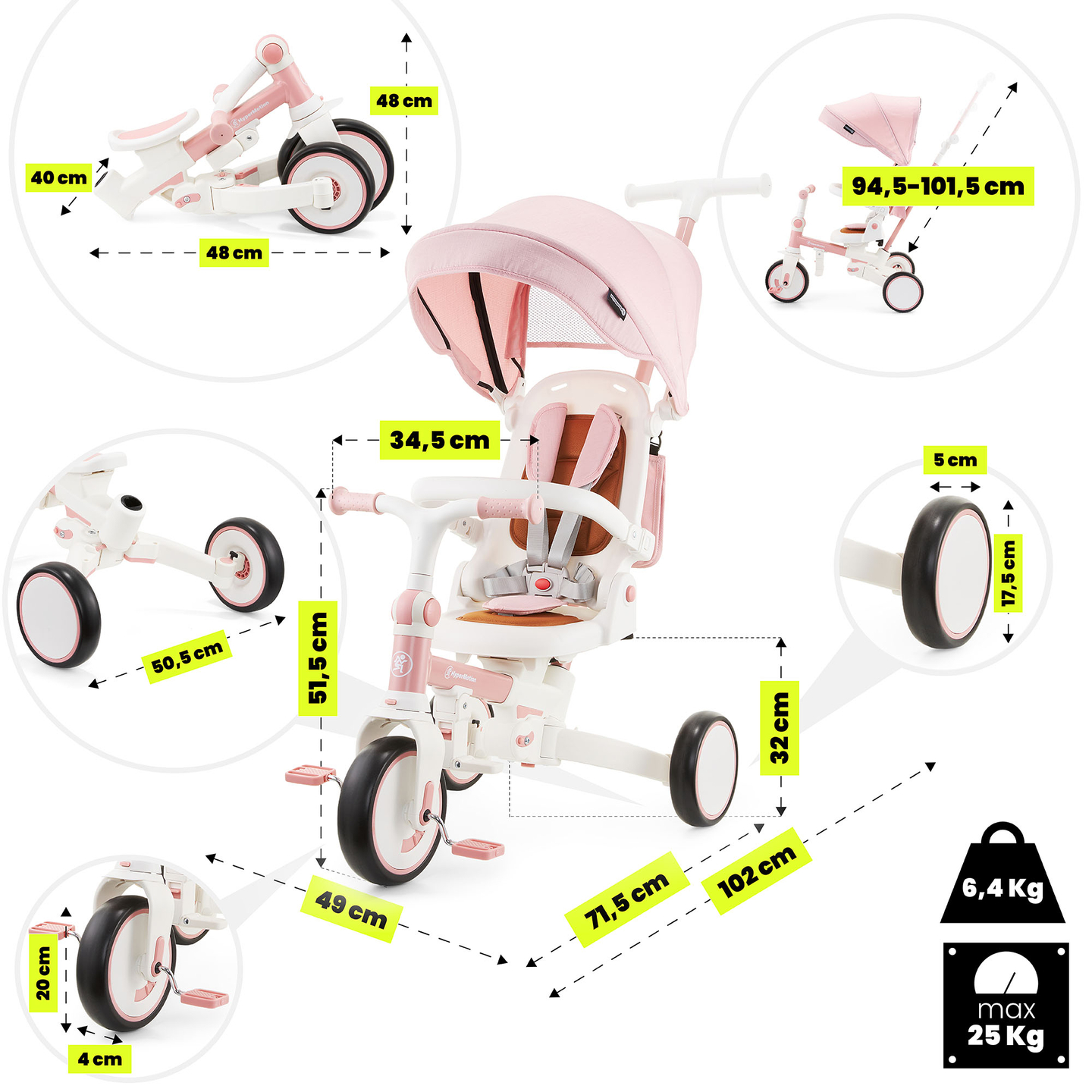 8in1 monitoiminen kolmipyörä TOBI FOREST - vaaleanpunainen
