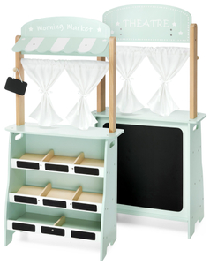 Suuri puukauppa - koju ja teatteri 2 in 1, jossa on vaaka, maksupääte, hedelmiä ja vihanneksia