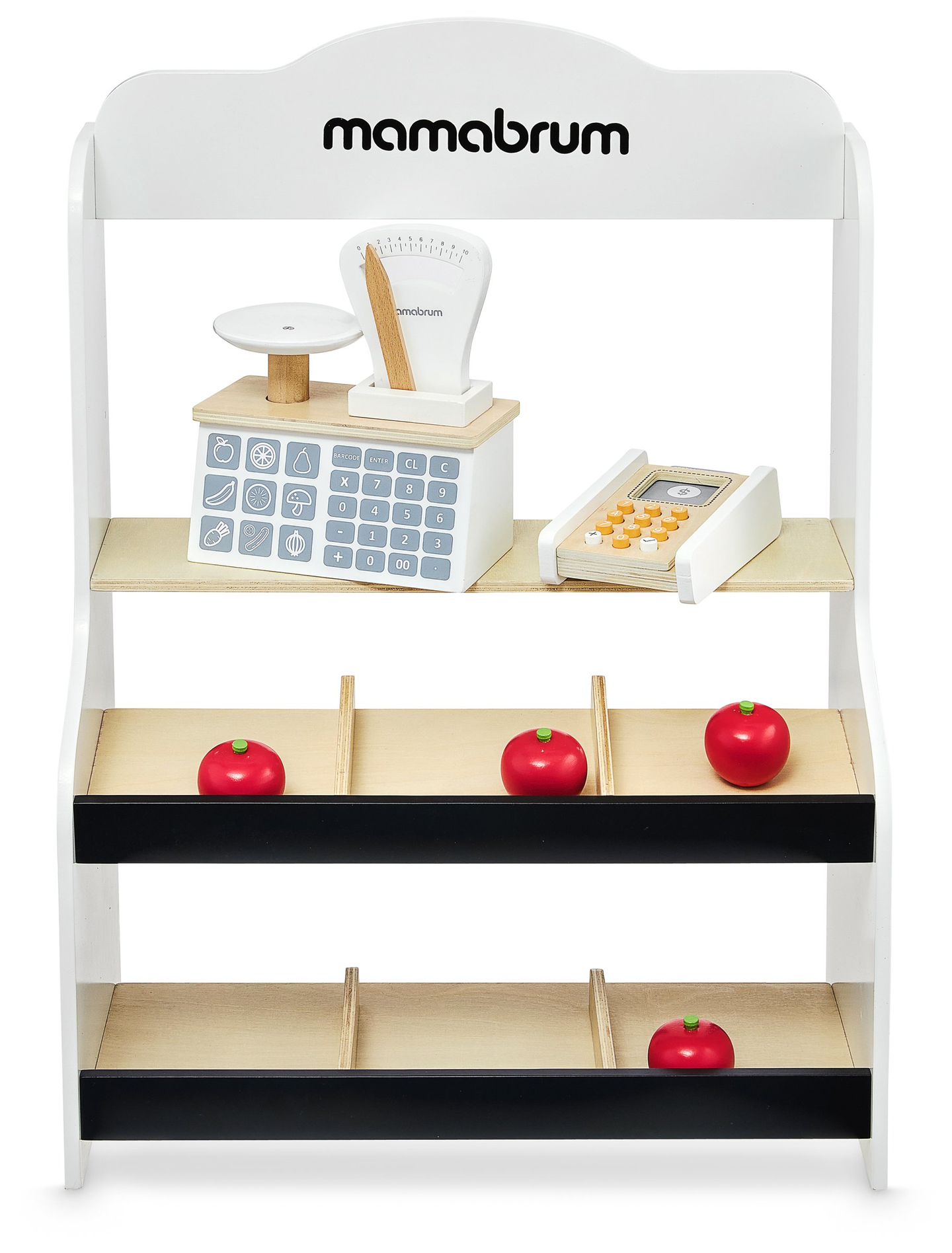 Minimarketti - kauppa, jossa on vaaka, terminaali, maksukortti ja hedelmiä