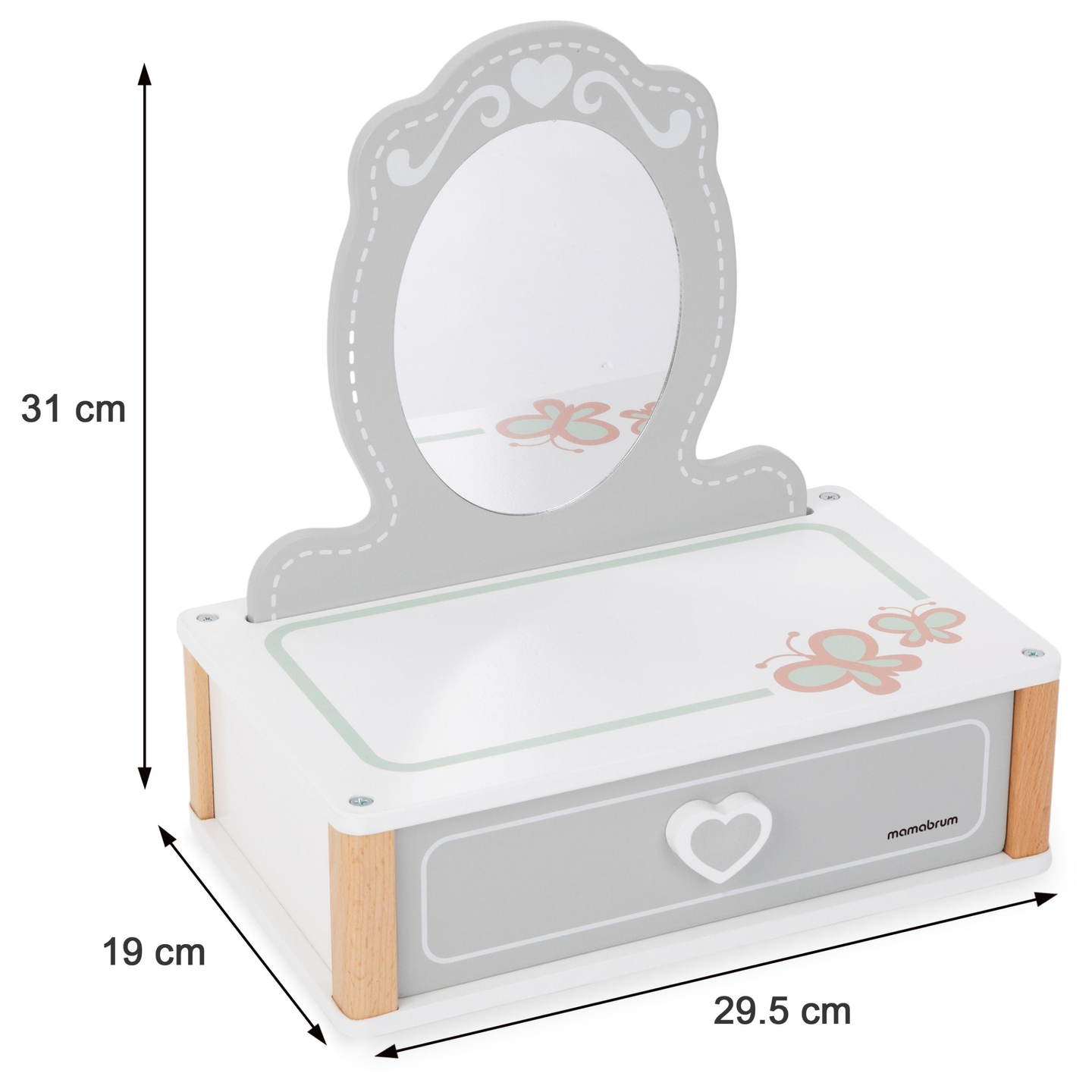 Puinen lasten pukeutumispöytä tarvikkeineen