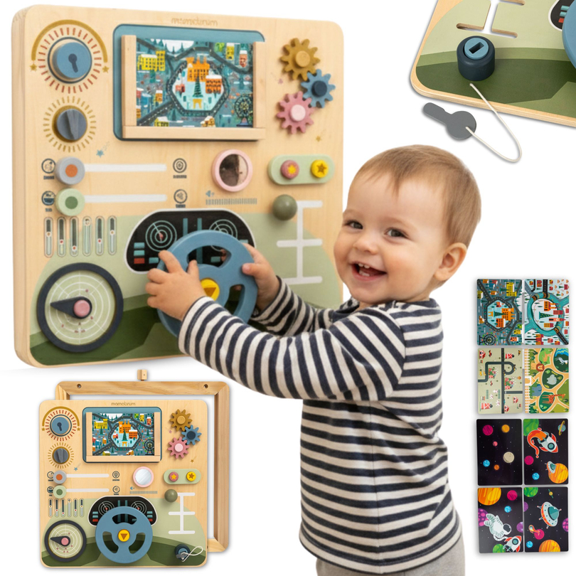 Puinen Montessori-lauta 2-in-1 Ohjaamo pienelle kuljettajalle ja lentäjälle – ohjauspyörä, vaihdekeppi, matkakartat, tutka