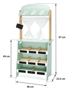 Suuri puukauppa - koju ja teatteri 2 in 1, jossa on vaaka, maksupääte, hedelmiä ja vihanneksia