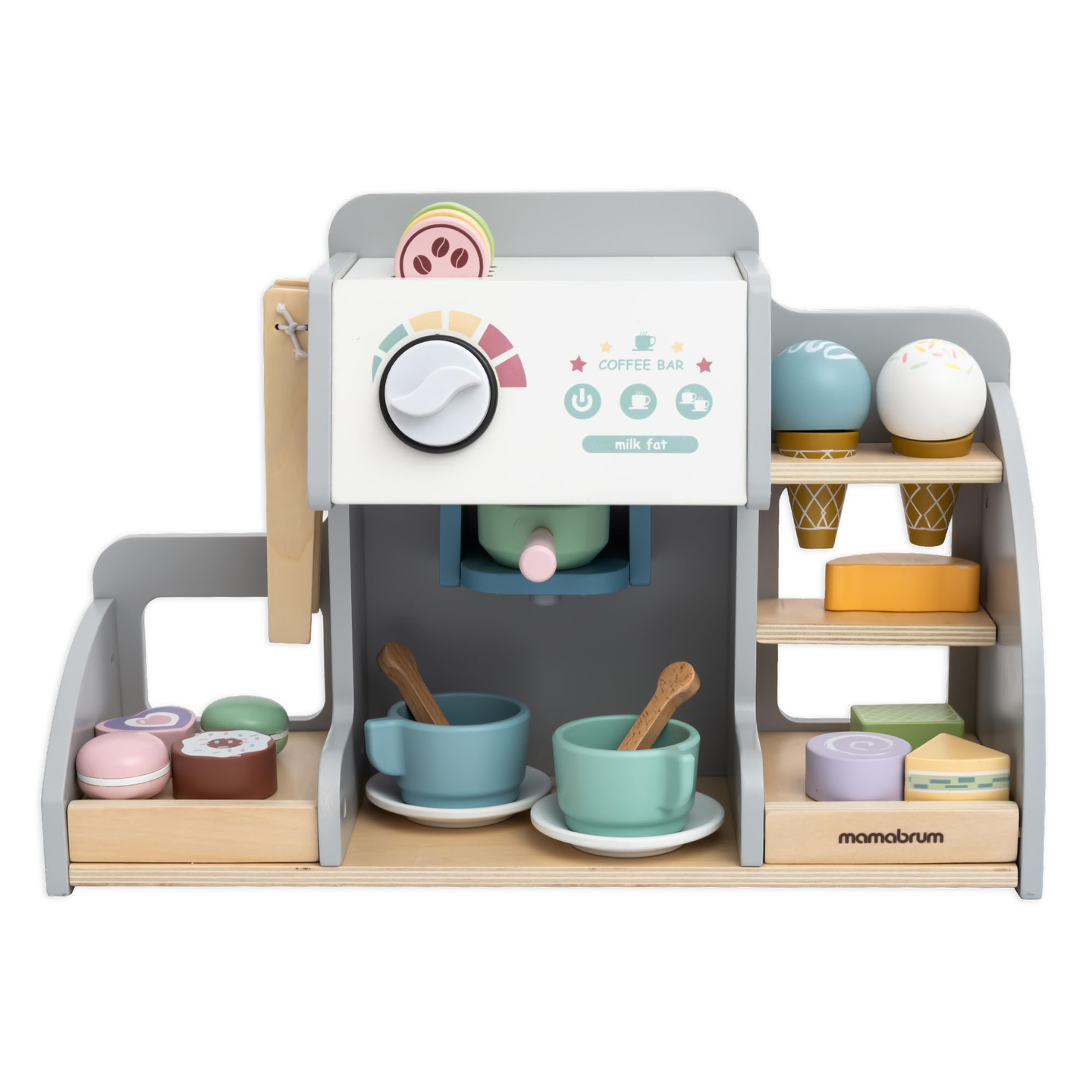 Suuri puinen jäätelöbaari, jossa on magneettitaulu, kahvinkeitin sekä jäätelö- ja jälkiruokasetti - yli 70 palaa!