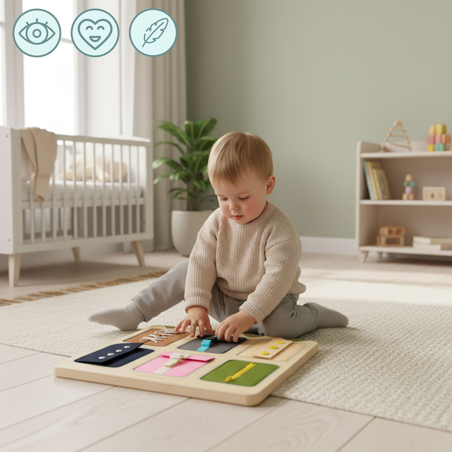 Puinen Montessori-manipulaatiolauta – Aistillinen itsenäisyyden oppiminen - nauhat, soljet, napit, nepparit, vetoketju