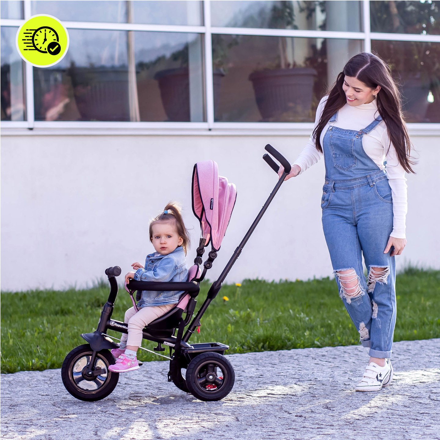 Kolmipyörä 1-4-vuotiaille lapsille - TOBI FREY - vaaleanpunainen väri - kääntyvä - pumpatut pyörät + työntöaisa